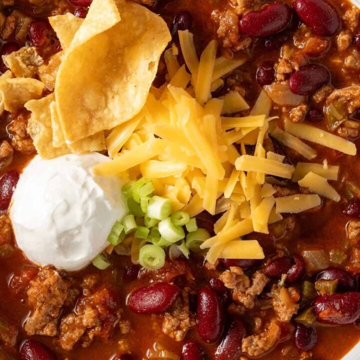 Slow Cooker Chili in a white bowl.