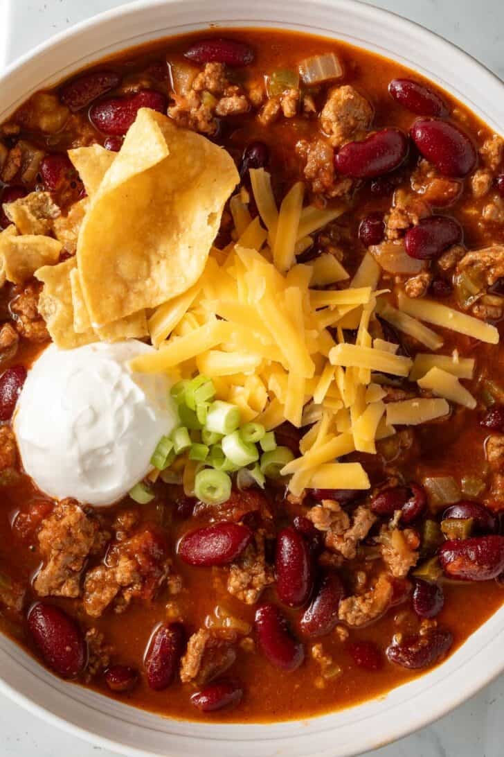 Slow Cooker Chili in a white bowl.