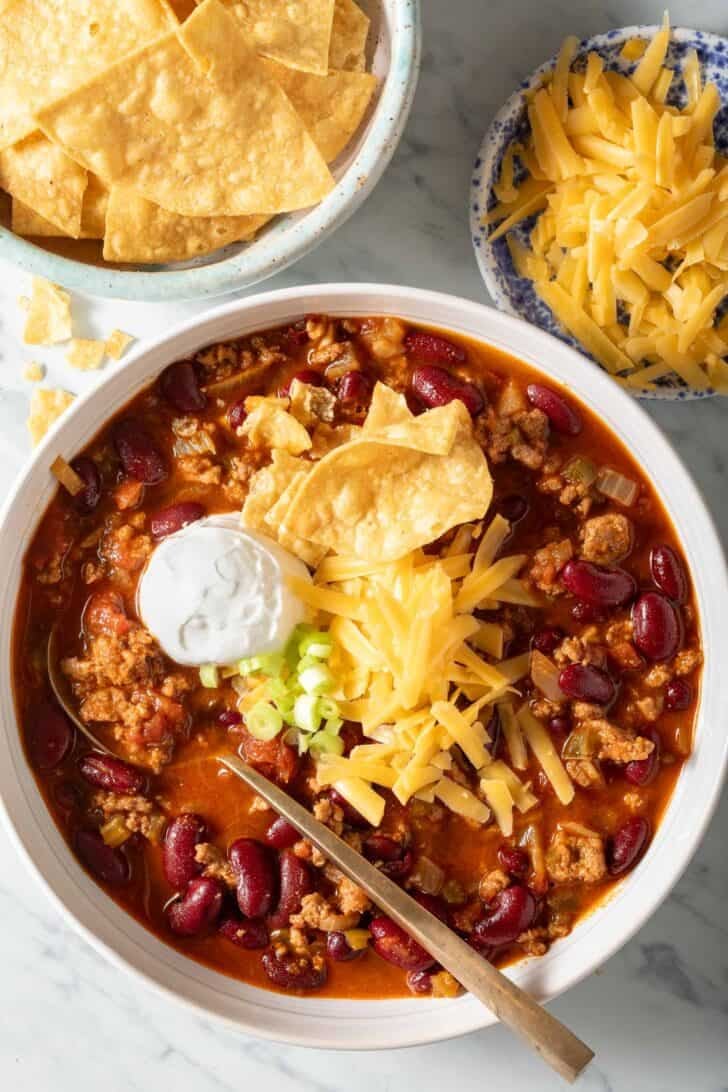 Crock Pot Chili in a white bowl.