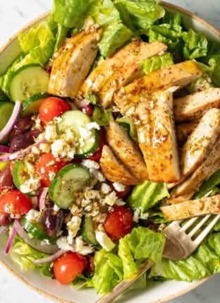 Chopped Greek Chicken Salad in a bowl.