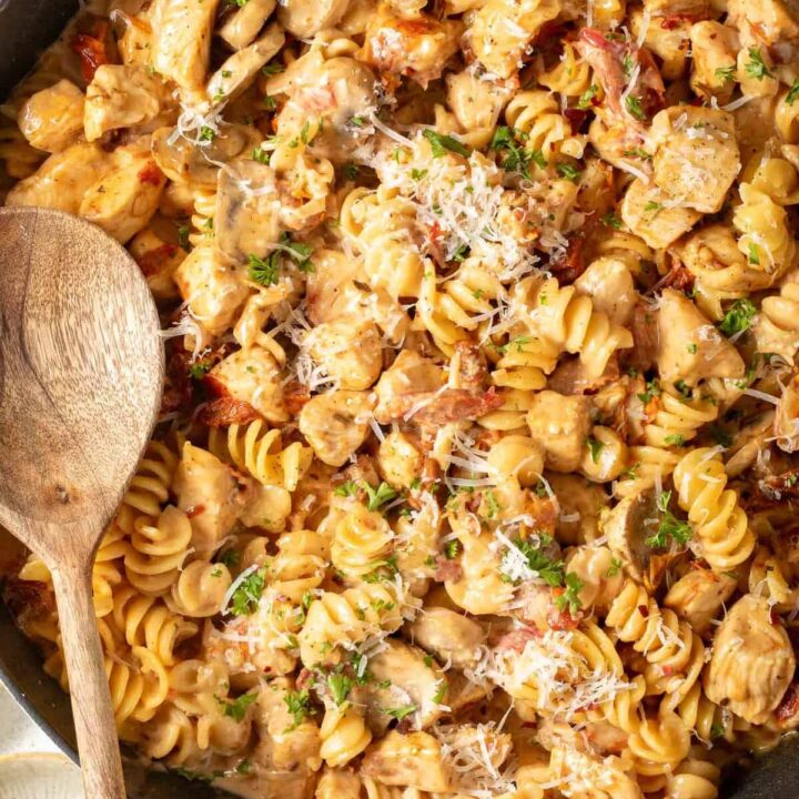 Marry Me Chicken Pasta in a pan.