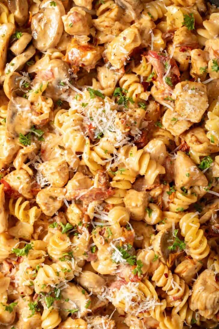 Marry Me Chicken Pasta Recipe Marry Me Chicken with pasta in a skillet.