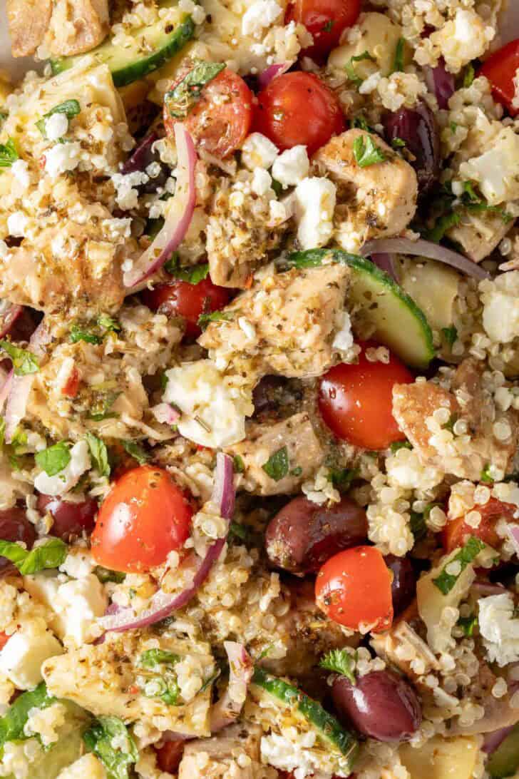 Quinoa Chicken Salad Quinoa Chicken Salad in a white bowl.