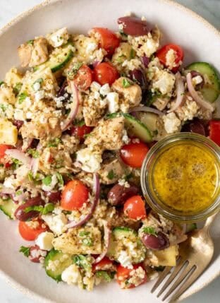 Chicken Quinoa Salad in a white bowl.