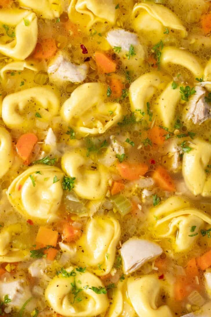 Chicken Tortellini Soup Recipe Chicken Tortellini Soup in a white pot.