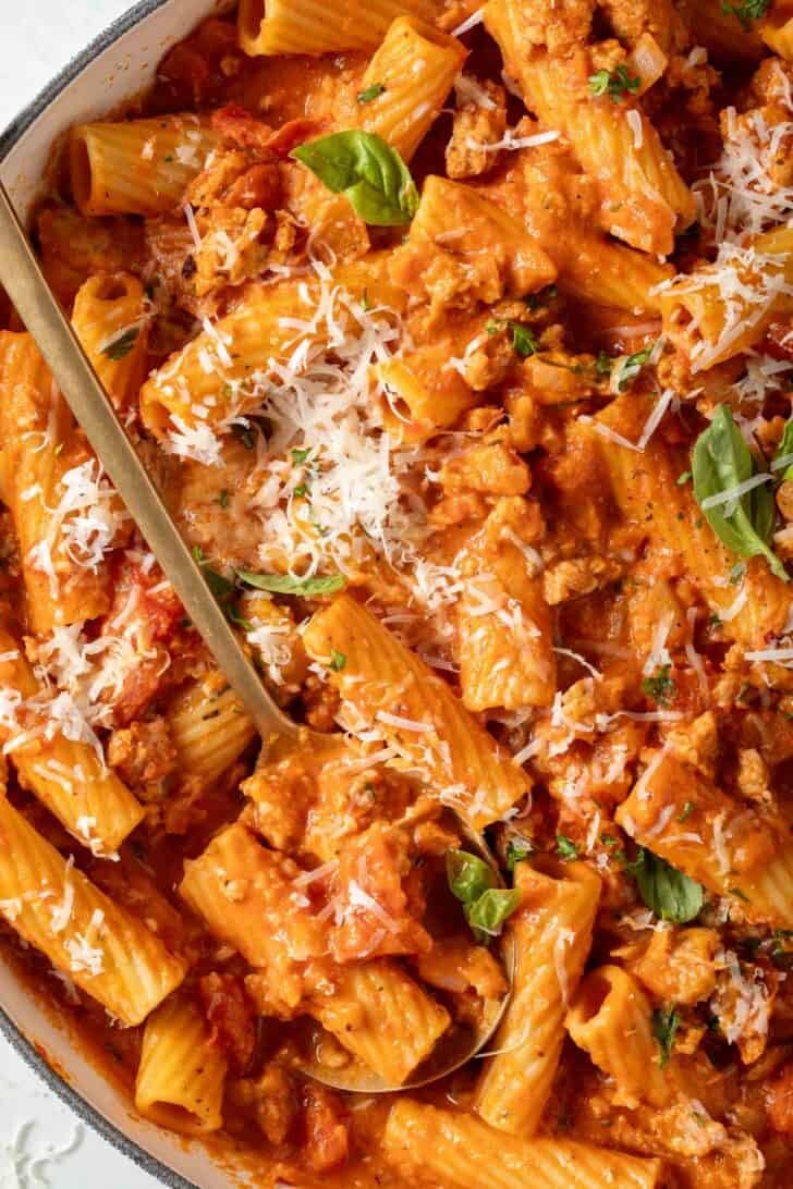 Sausage Rigatoni Recipe Italian Sausage Rigatoni in a white skillet.