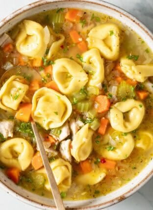 Easy Chicken Tortellini Soup in a bowl.