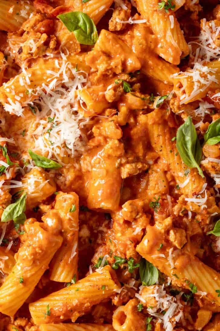 Italian Sausage and Pasta Italian Sausage and Pasta in a skillet.