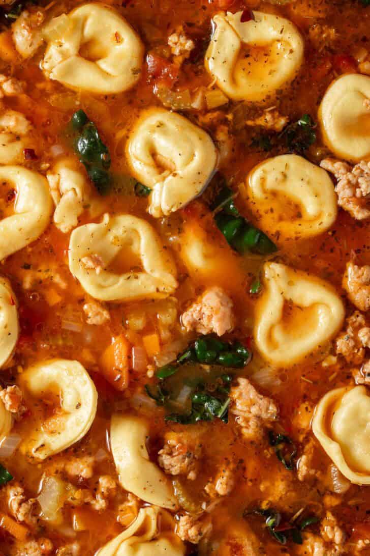 Sausage Tortellini Soup Recipe Italian Sausage Tortellini Soup in a white pot.
