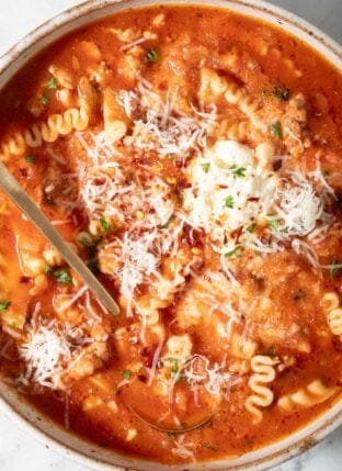 Easy Lasagna Soup in a bowl with a spoon.