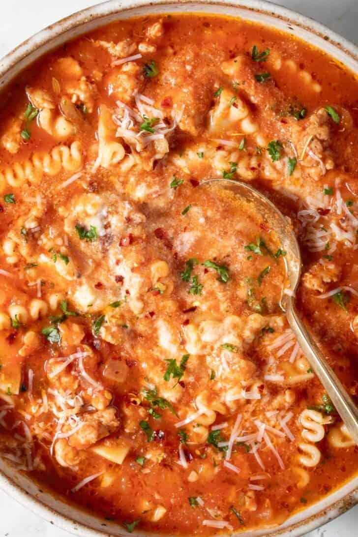 Best Lasagna Soup Best Lasagna Soup in a bowl with a spoon.
