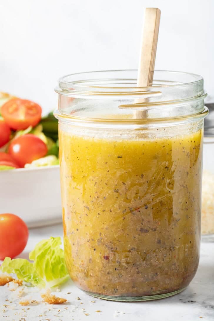 Italian Vinaigrette Recipe Easy homemade Italian vinaigrette dressing in a glass mason jar.