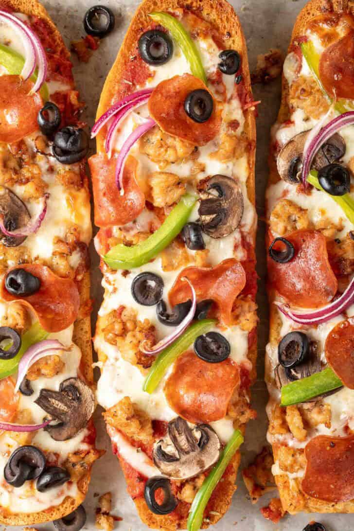 French bread pizza French bread pizza on a baking sheet.