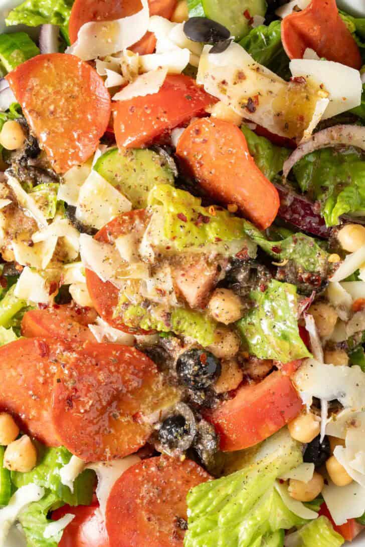 Pizza Salad Pizza Night Salad in a white bowl.