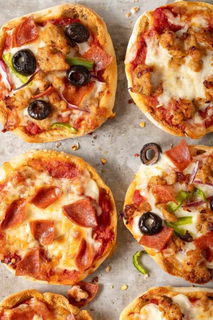 English Muffin Pizza English Muffin Pizza on a baking sheet.