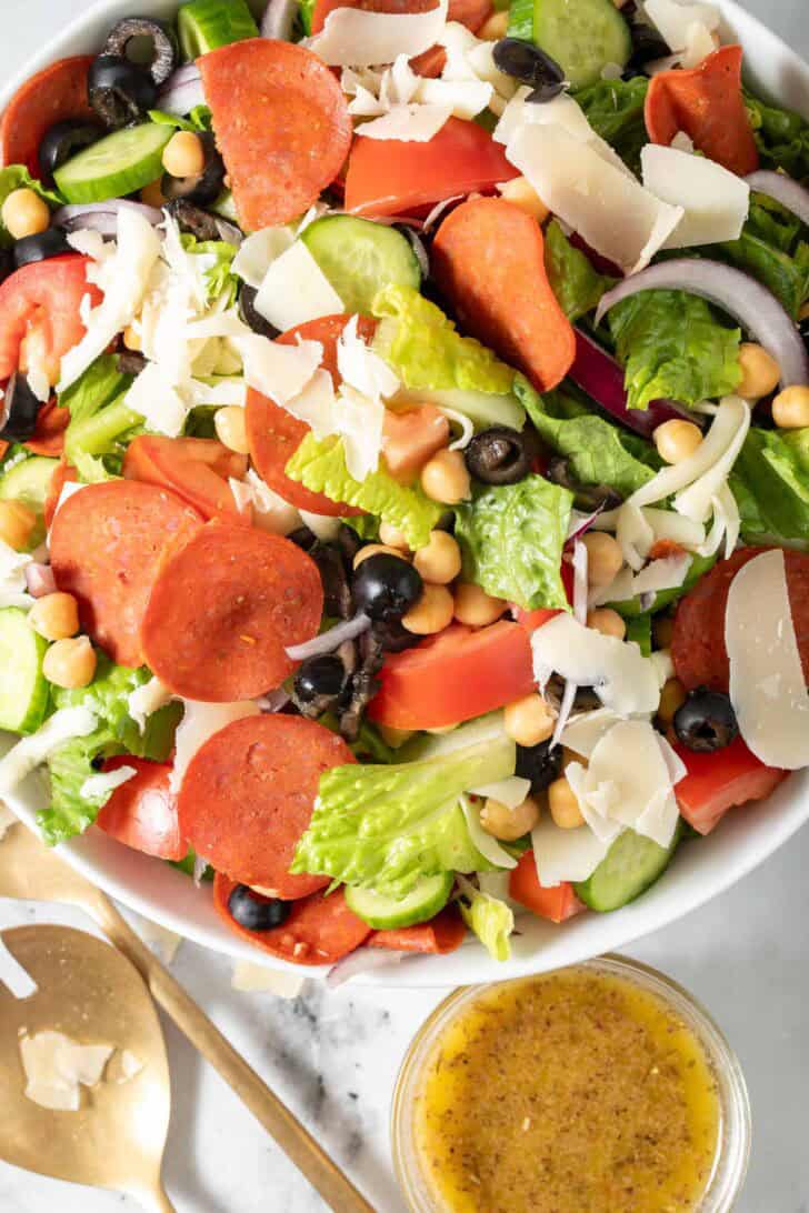 Pizza Night Salad Pizza Night Salad in a white bowl.