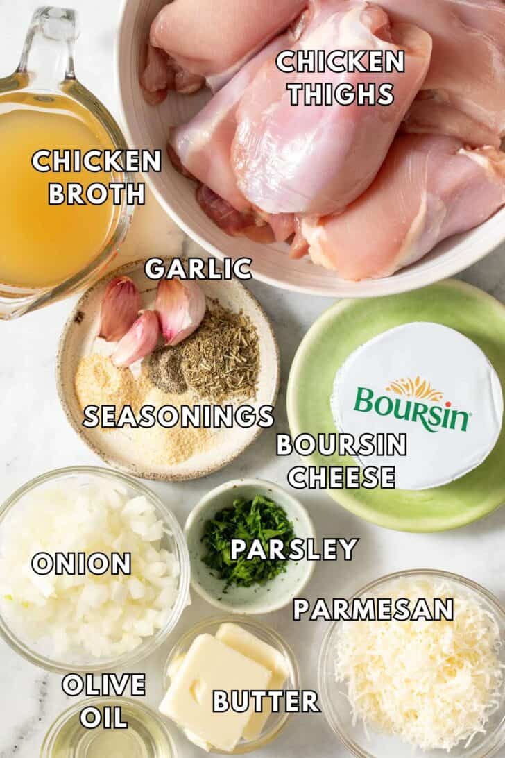 Boursin Chicken Recipe Clear glass bowls filled with Boursin cheese, Parmesan cheese, garlic, butter and spices for Boursin Chicken.