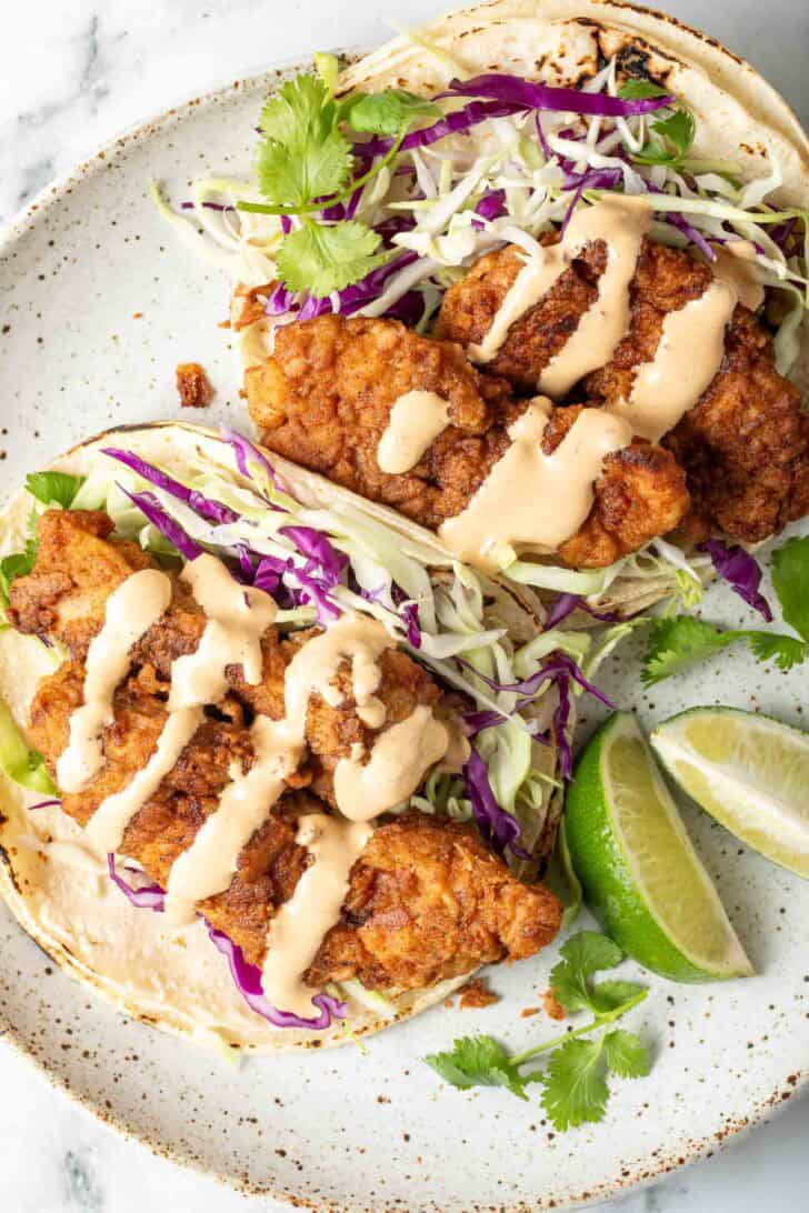 Fried Chicken Tacos Fried Chicken Tacos on a plate.