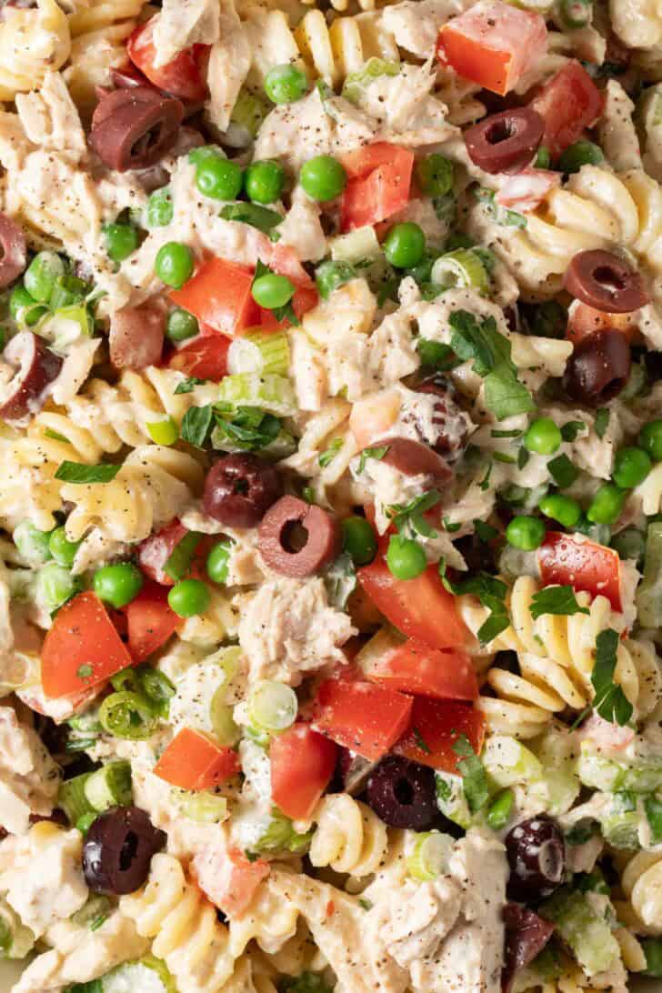 Pasta Tuna Salad Pasta Tuna Salad in a white bowl.