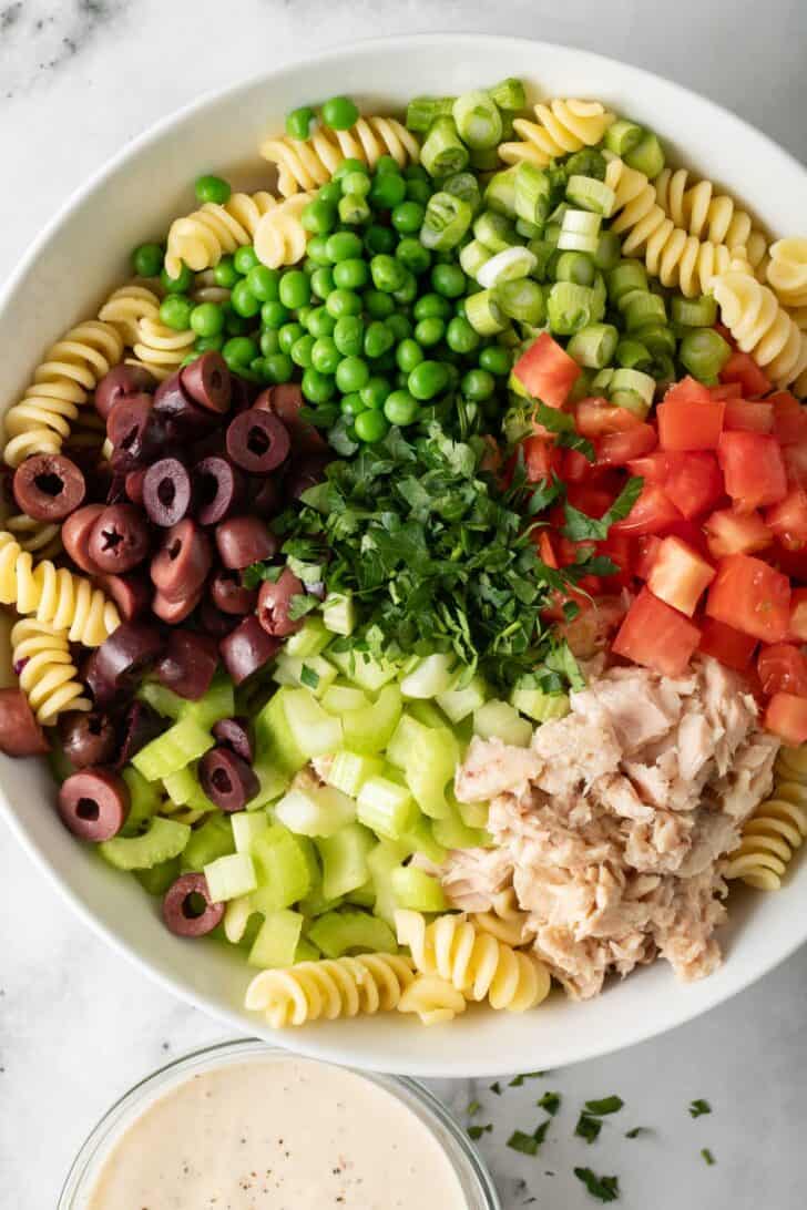 Cold Tuna Pasta Salad Tuna Pasta Salad in a white bowl.