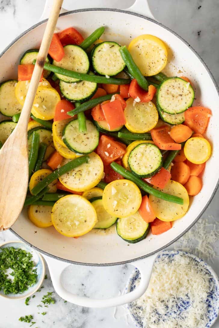 Vegetable Medley Vegetable Medley in a white skillet