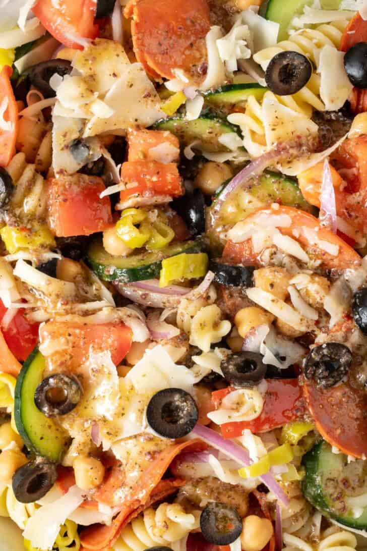 Pizza Pasta Salad Pizza Pasta Salad in a white bowl.