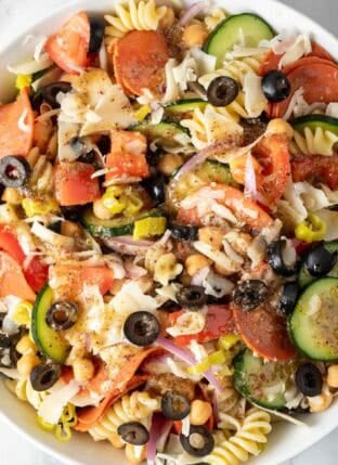 Rotini Pasta Salad in a white bowl.