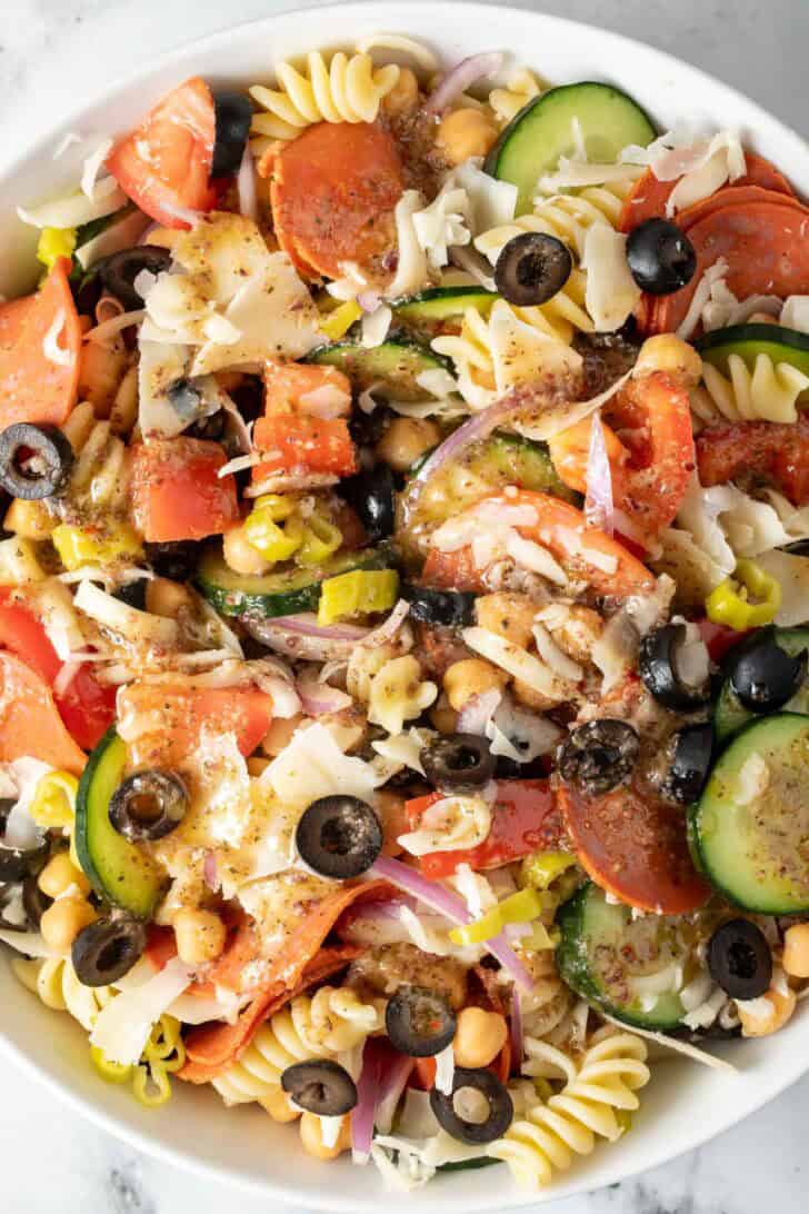 Rotini Salad Rotini Salad in a white bowl.