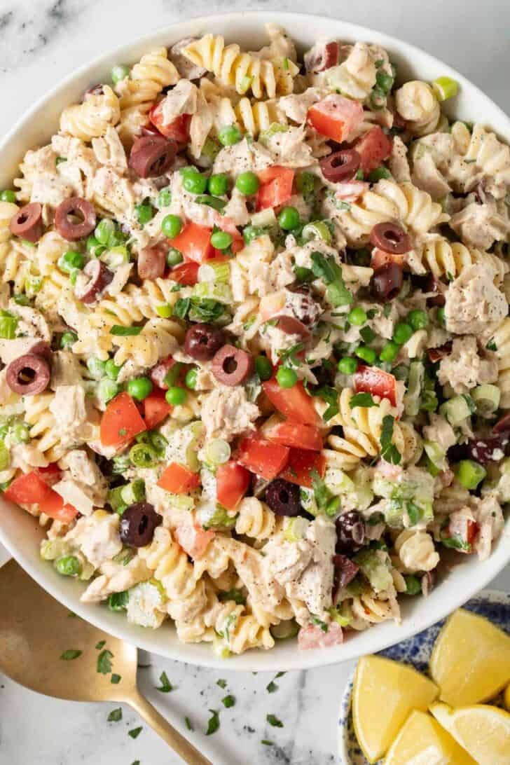 How to Make Tuna Pasta Salad Best Tuna Pasta Salad in a white bowl.