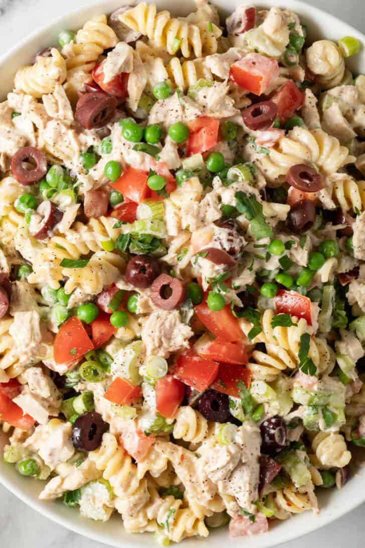Tuna Salad Recipe with Pasta Tuna Salad with Pasta in a white bowl.