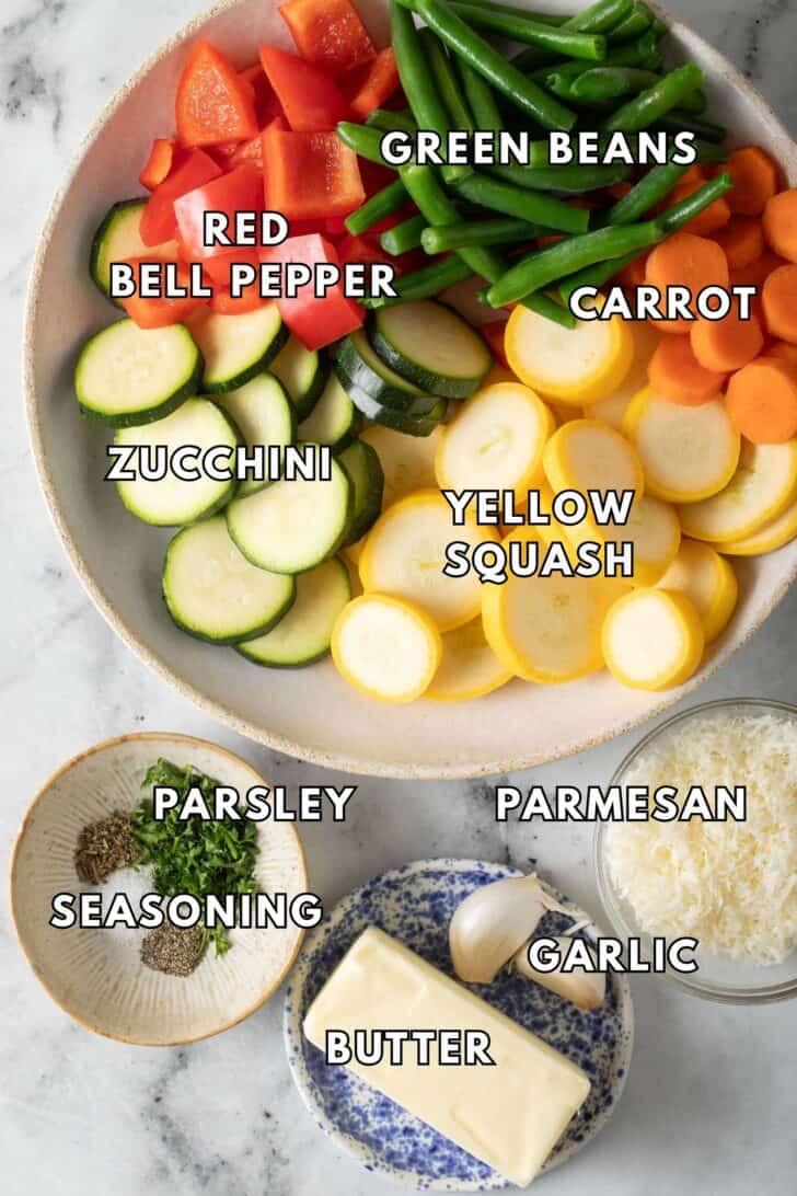 Sauté vegetable recipe Sliced vegetables in a white plate for a sautéed vegetables recipe.