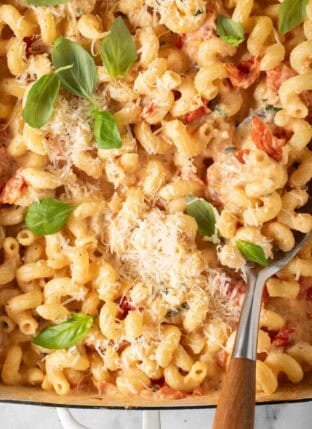 Boursin Cheese Pasta in a white baking dish.