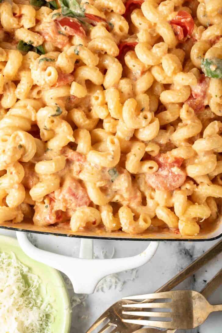 Boursin Cheese Pasta Boursin Cheese Pasta in a white baking dish.