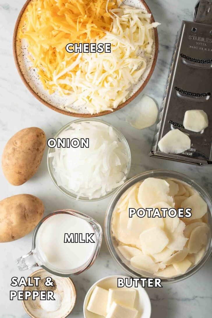 Cheesy Au Gratin Potatoes Recipe Cheesy Au Gratin Potatoes ingredients in clear glass bowls.