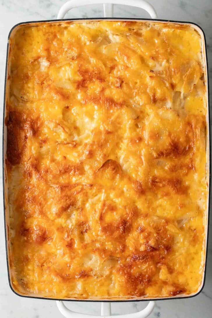 Au Gratin Potatoes Au Gratin Potatoes in a white baking dish.