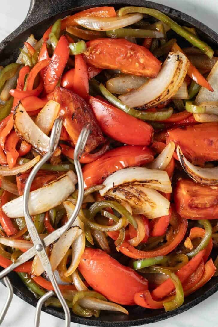 Fajita Veggies Fajita Veggies in a cast iron skillet.