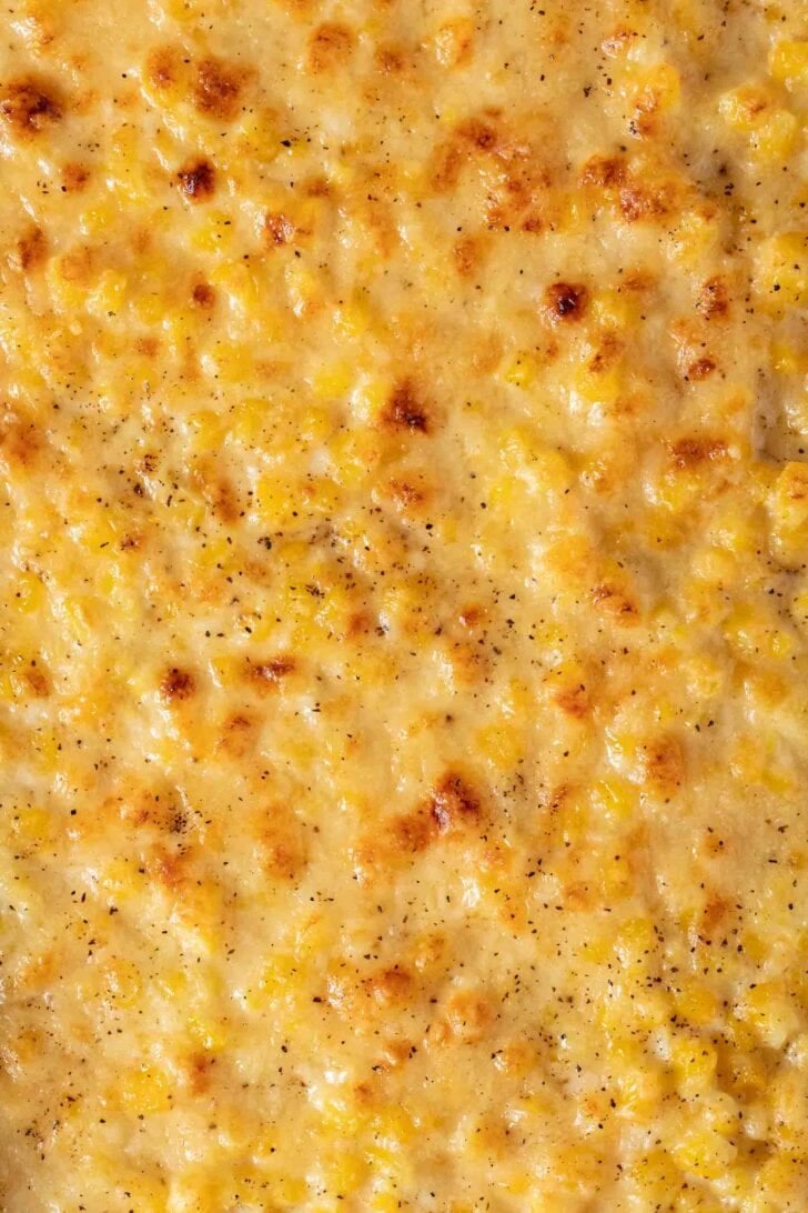 Cream Corn Recipe Creamed Corn in a white baking dish.