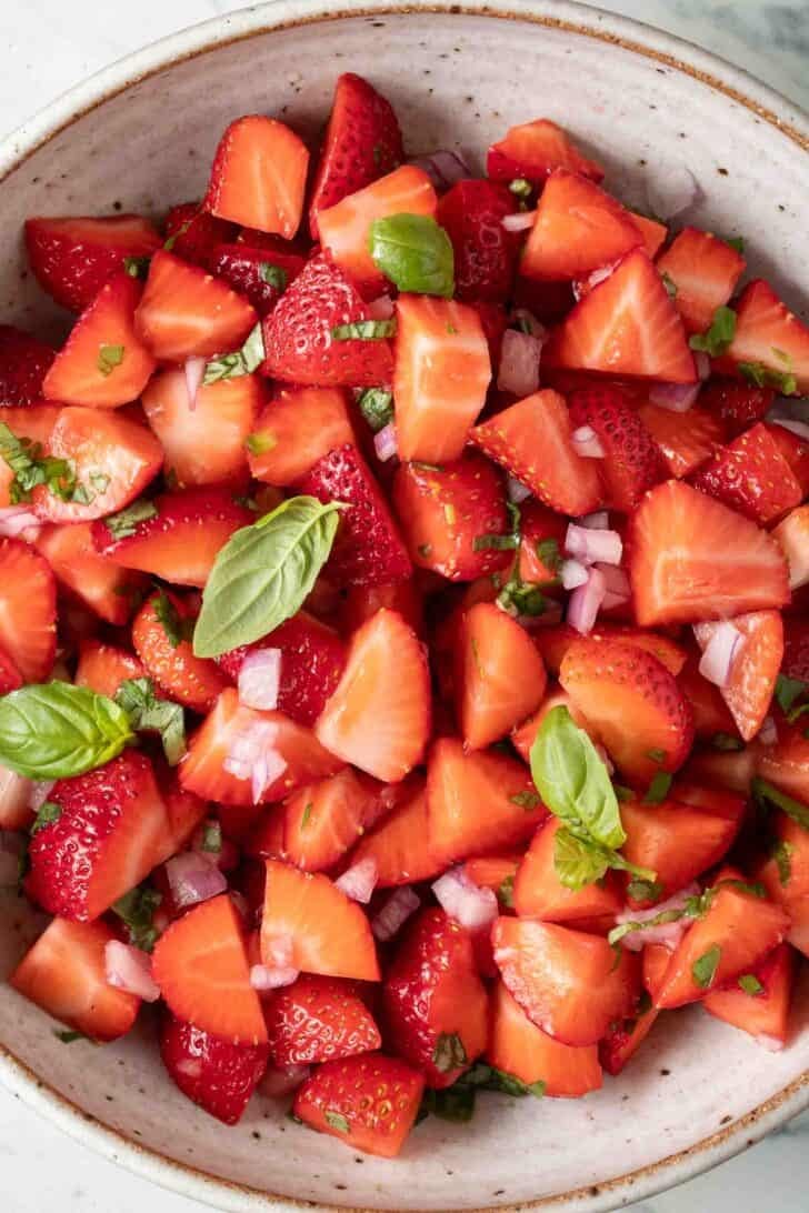 Recipe for Strawberry Salsa Strawberry Jalapeno Salsa in a bowl.
