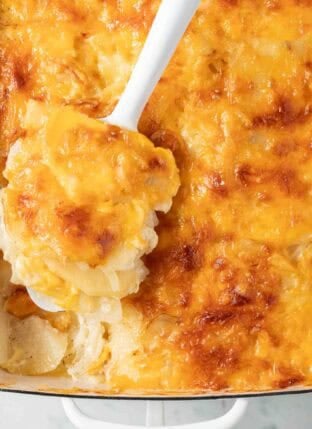 Cheesy Au Gratin Potatoes in a white baking dish