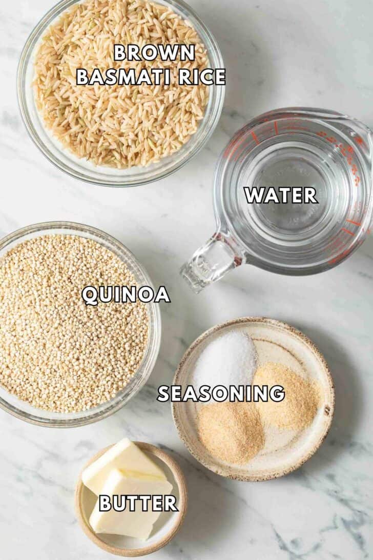 Quinoa Rice Recipe Clear glass bowls filled with brown basmati rice, quinoa, water, seasoning and butter.