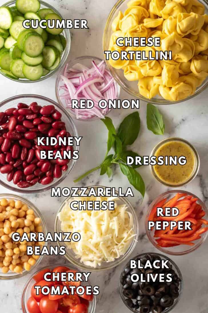 Tortellini Pasta Salad Recipe Clear glass bowls filled with garbanzo beans, kidney beans, grated cheese and cheese tortellini for a tortellini pasta salad recipe.