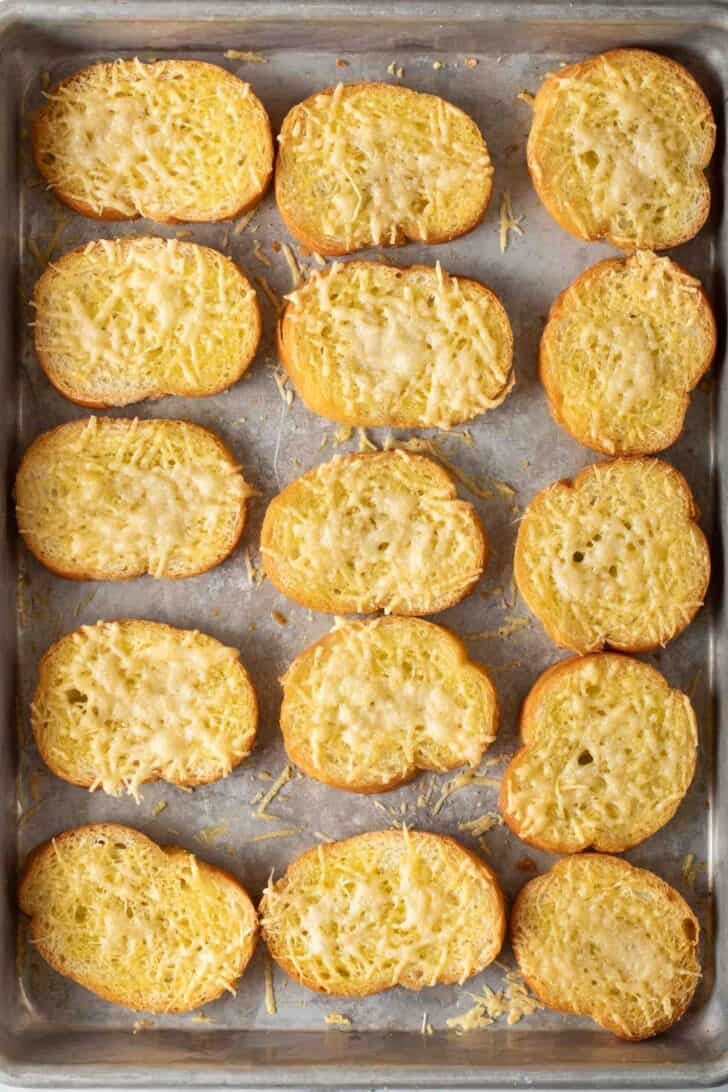 How to Make Bruschetta Cheese toasts on a baking sheet for bruschetta recipe.