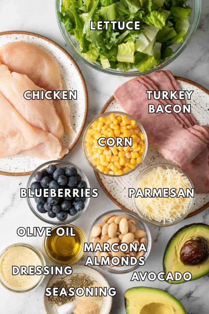 Summer Salad Recipe A plate of chicken breasts, clear bowls of corn, blueberries, Parmesan cheese and dressing for a summer salad recipe.
