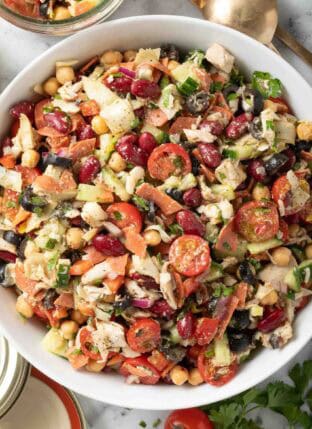 Dense Bean Salad in a white bowl.