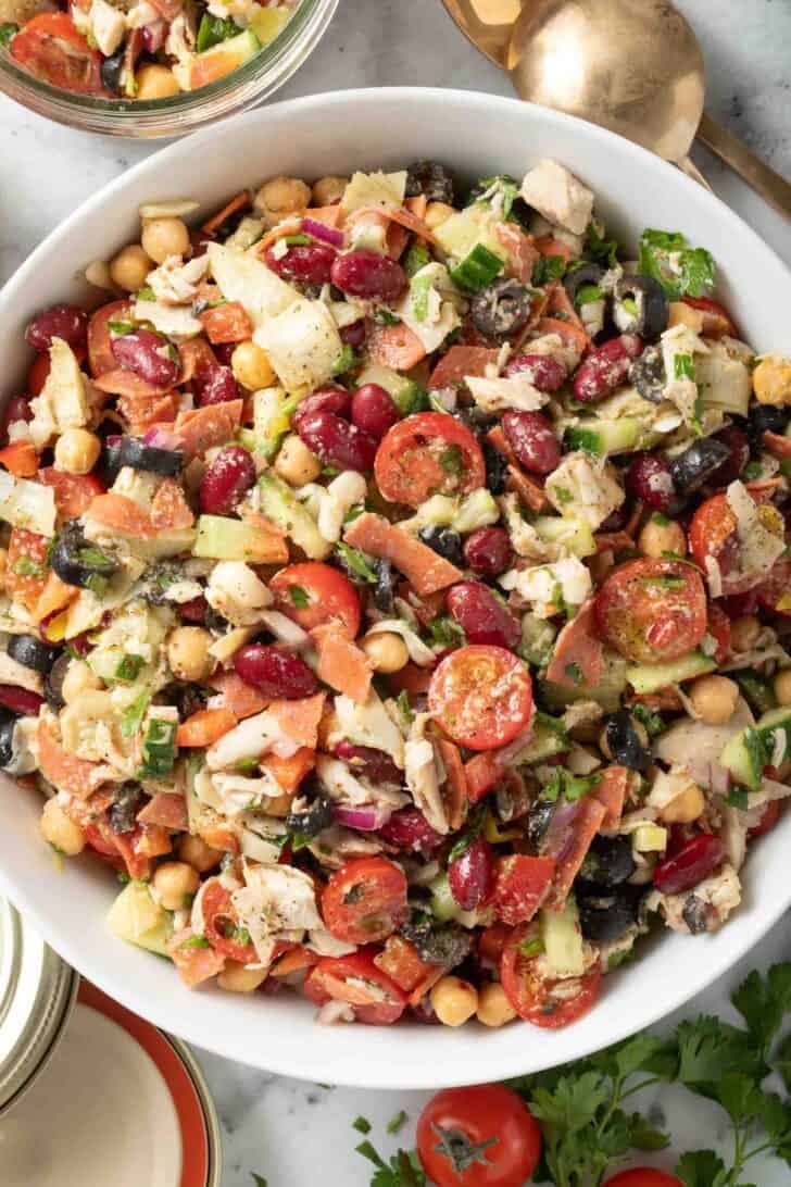 Italian Dense Bean Salad Italian Dense Bean Salad in a white bowl.