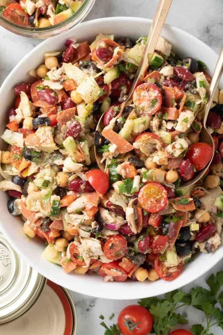 Dense Bean Salad Dense Bean Salad in a white bowl.