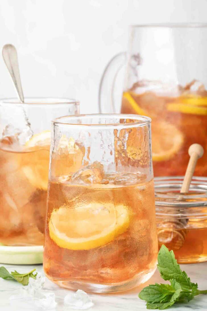 Iced Tea Clear drinking glasses filled with iced tea.