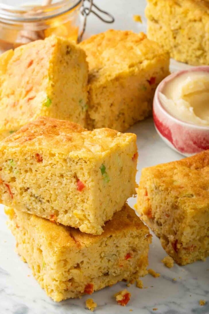 Mexican Cornbread Mexican Cornbread cut into squares.