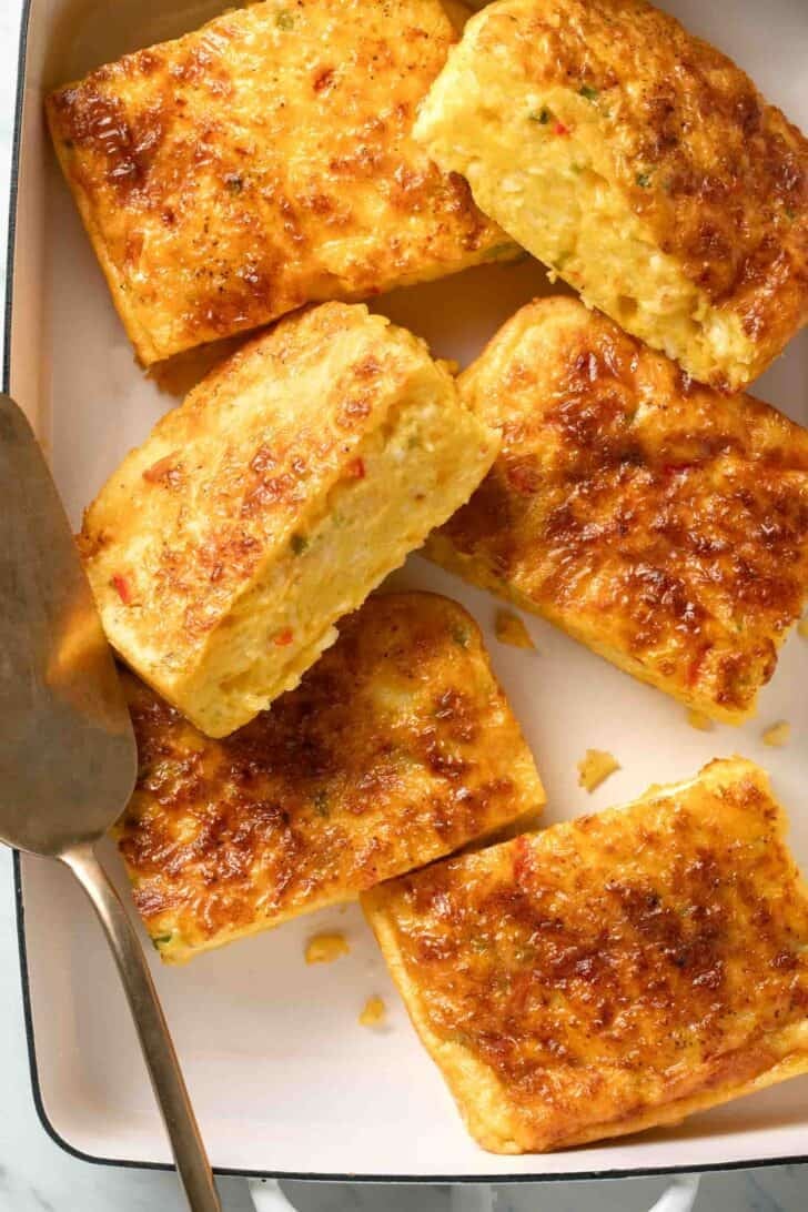 Cottage Cheese Egg Bake Slices of Cottage Cheese Egg Bake in a white baking dish.