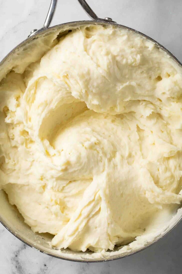 Mashed Potatoes With Cream Cheese Mashed Potatoes With Cream Cheese whipped in a pot.